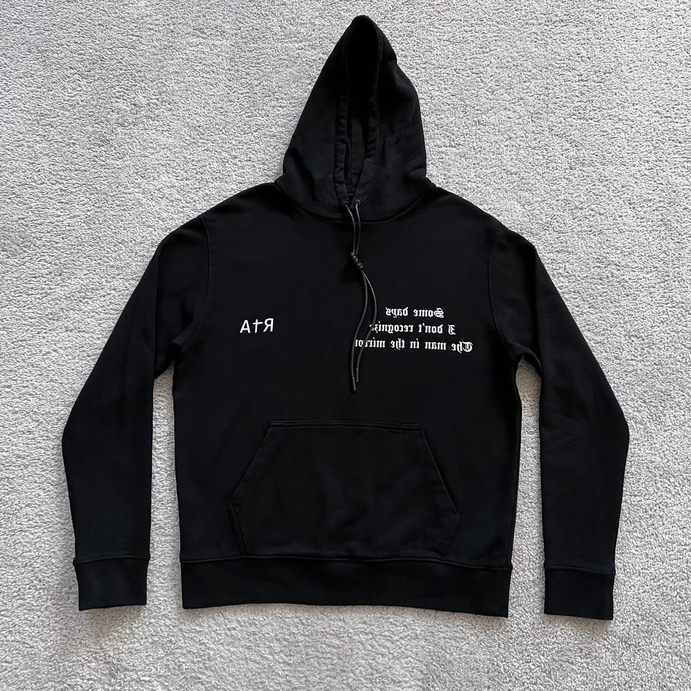 RtA Confusion Hoodie Mens Small Black Backwards Quote Graphic Fleece Pullover